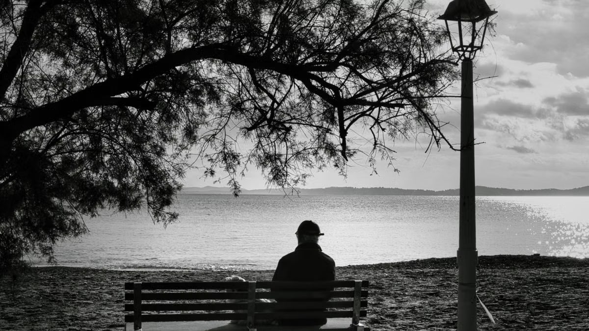 Black and white image of a person sitting on a bench by the sea, under a tree.